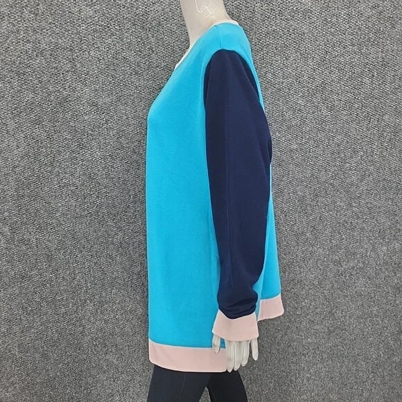 Lands End Serious Sweats Sweatshirt 1X Plus Size Teal Colorblock Print Pullover - Picture 7 of 10